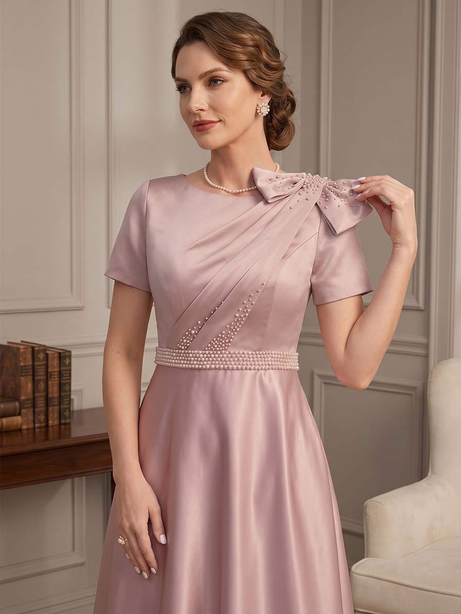 A-Line/Princess Scoop Short Sleeves Ankle-Length Mother of the Bride Dresses with Bowknot & Pleated