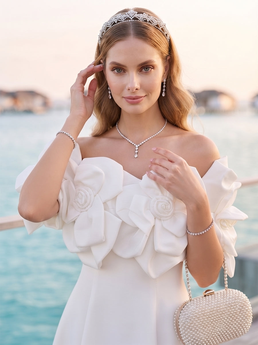 A-Line/Princess Off-the-Shoulder Sleeveless Ankle-Length Cocktail Dresses With 3D Floral & Pockets