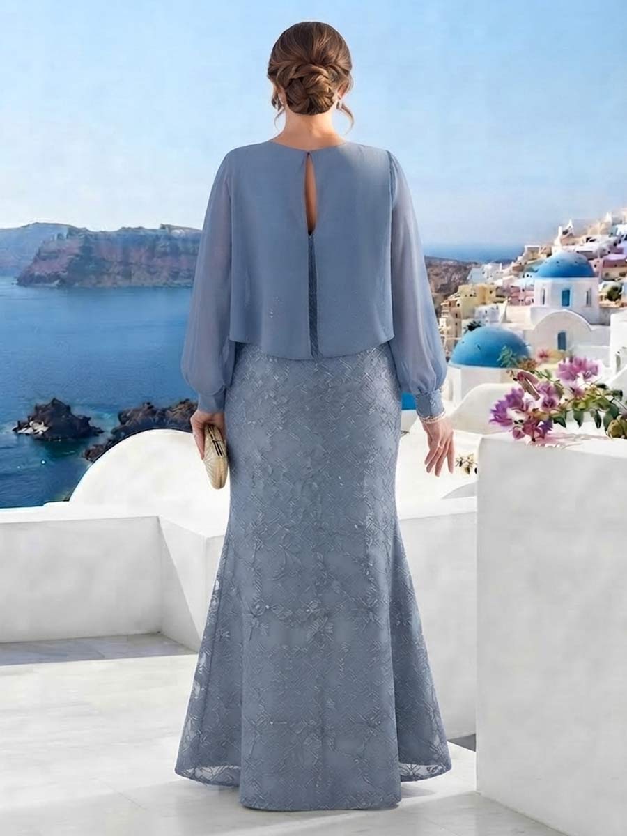 A-Line/Princess Long Sleeves Scoop Floor-Length Plus Size Mother of the Bride Dresses with Sequins & Cape