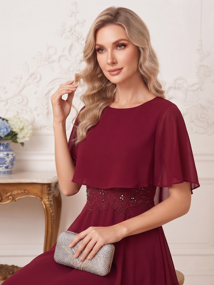 A-Line/Princess Scoop Half Sleeves Tea-Length Mother of the Bride Dresses with Applique & Ruffles