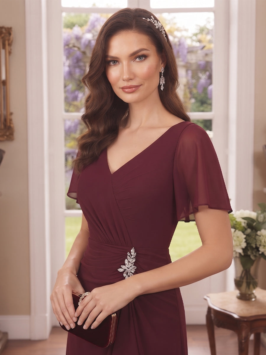 Sheath/Column V-Neck Short sleeves Ankle-Length Mother of the Bride Dresses with Split Side & Ruffles