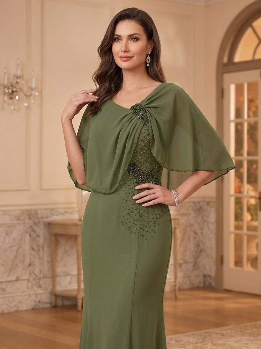 Sheath/Column Scoop Cape Sleeves Floor-Length Mother of the Bride Dresses with Rhinestones & Ruffles