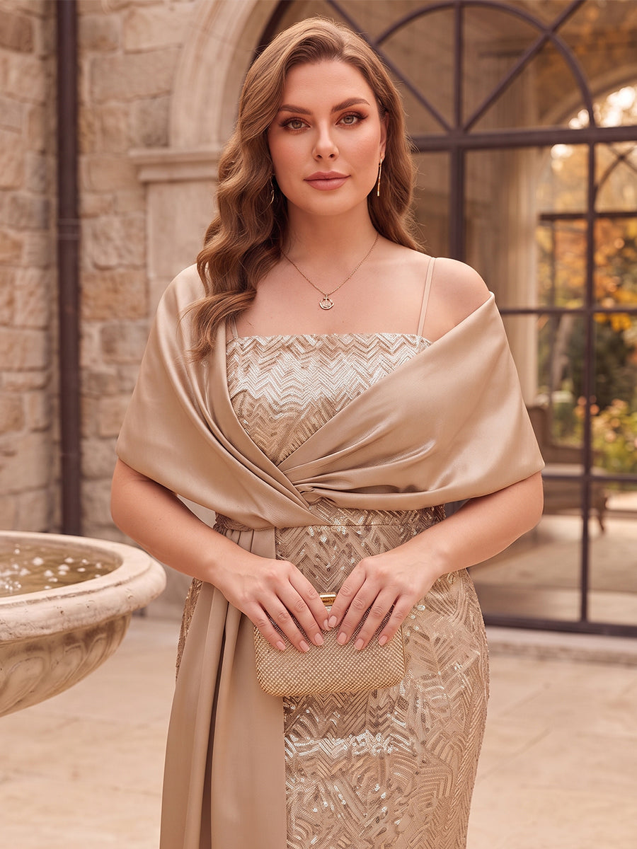 Sheath/Column Spaghetti Straps Cap Sleeves Stretch Crepe Floor-Length Plus Size Mother of the Bride Dresses with Sequins&Appliques