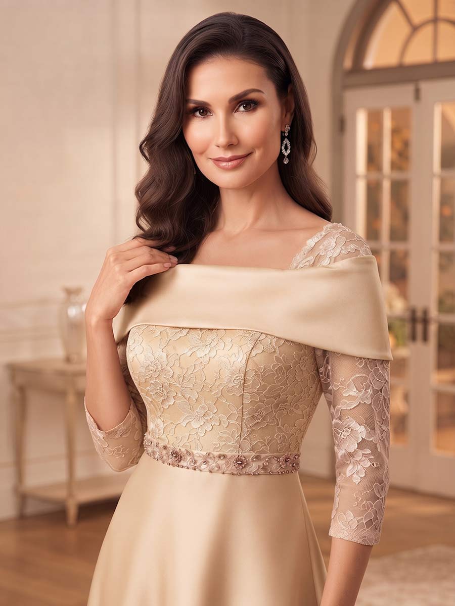 A-Line/Princess Square Neck 3/4 Sleeves Floor-Length Mother Of The Bride Dresses With Appliques & Lace