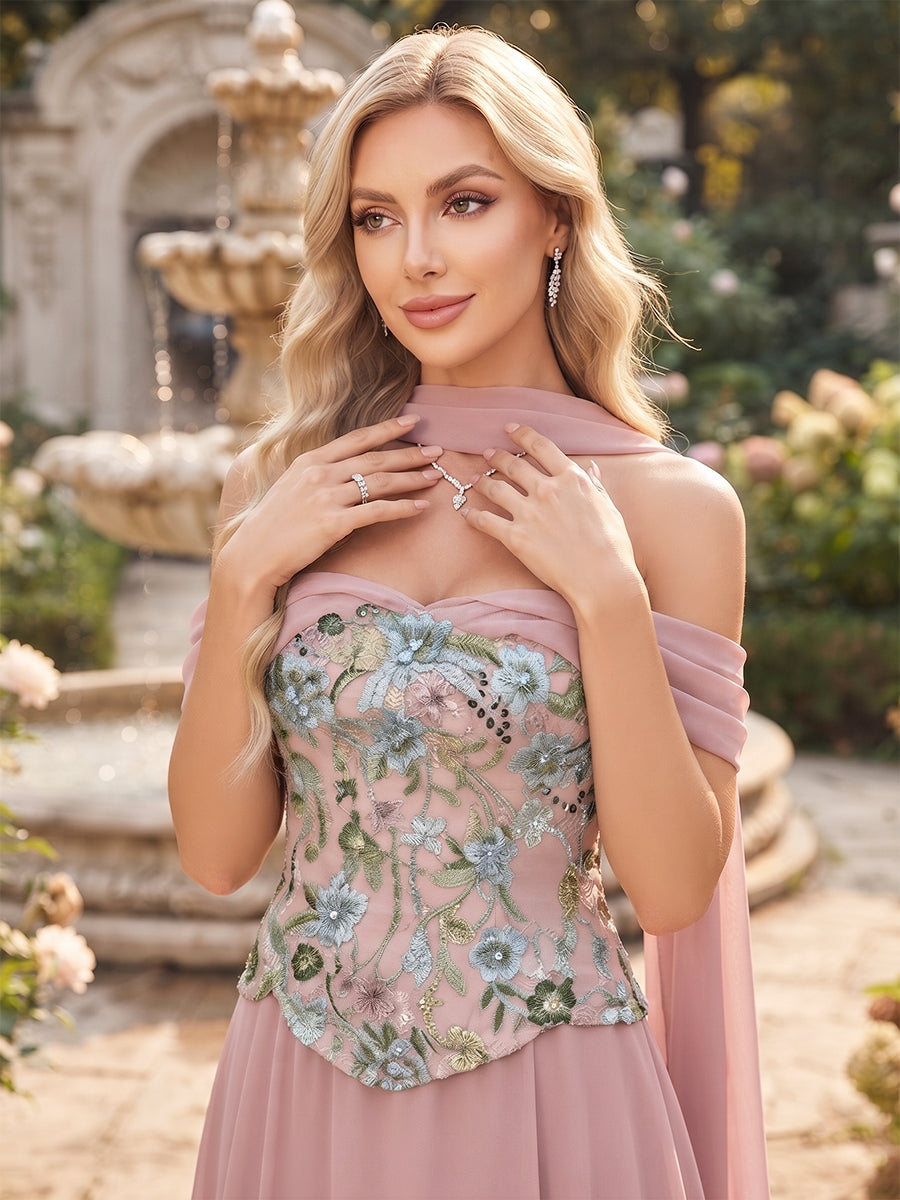 A-Line/Princess Off-the-Shoulder Sleeveless Chiffon Floor-Length Bridesmaid Dresses with Applique