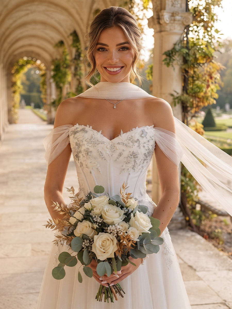 A-Line/Princess Sweetheart Sleeveless Tulle Sweep Train/Brush Train Wedding Dresses with Applique