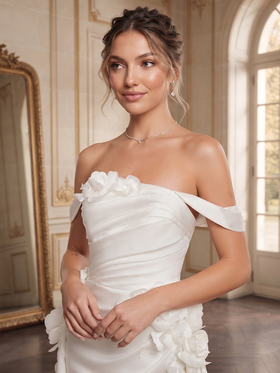 A-Line/Princess Off-the-Shoulder Sleeveless Satin Sweep Train/Brush Train Wedding Dresses with 3D Flower