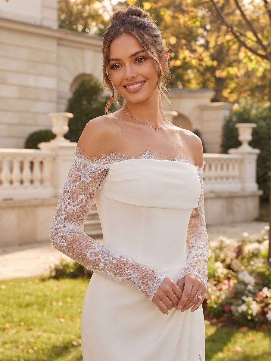 Trumpet/Mermaid Off-the-Shoulder Long Sleeves Stretch Satin Floor-Length Wedding Dresses with Applique & Split Side