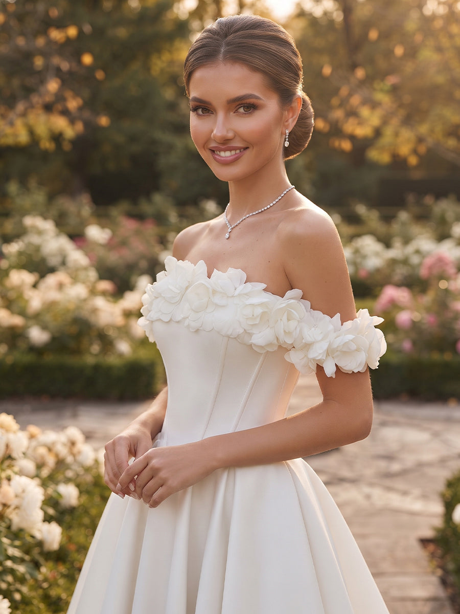 A-Line/Princess Off-the-Shoulder Sleeveless Satin Floor-Length Wedding Dresses with 3D Flower