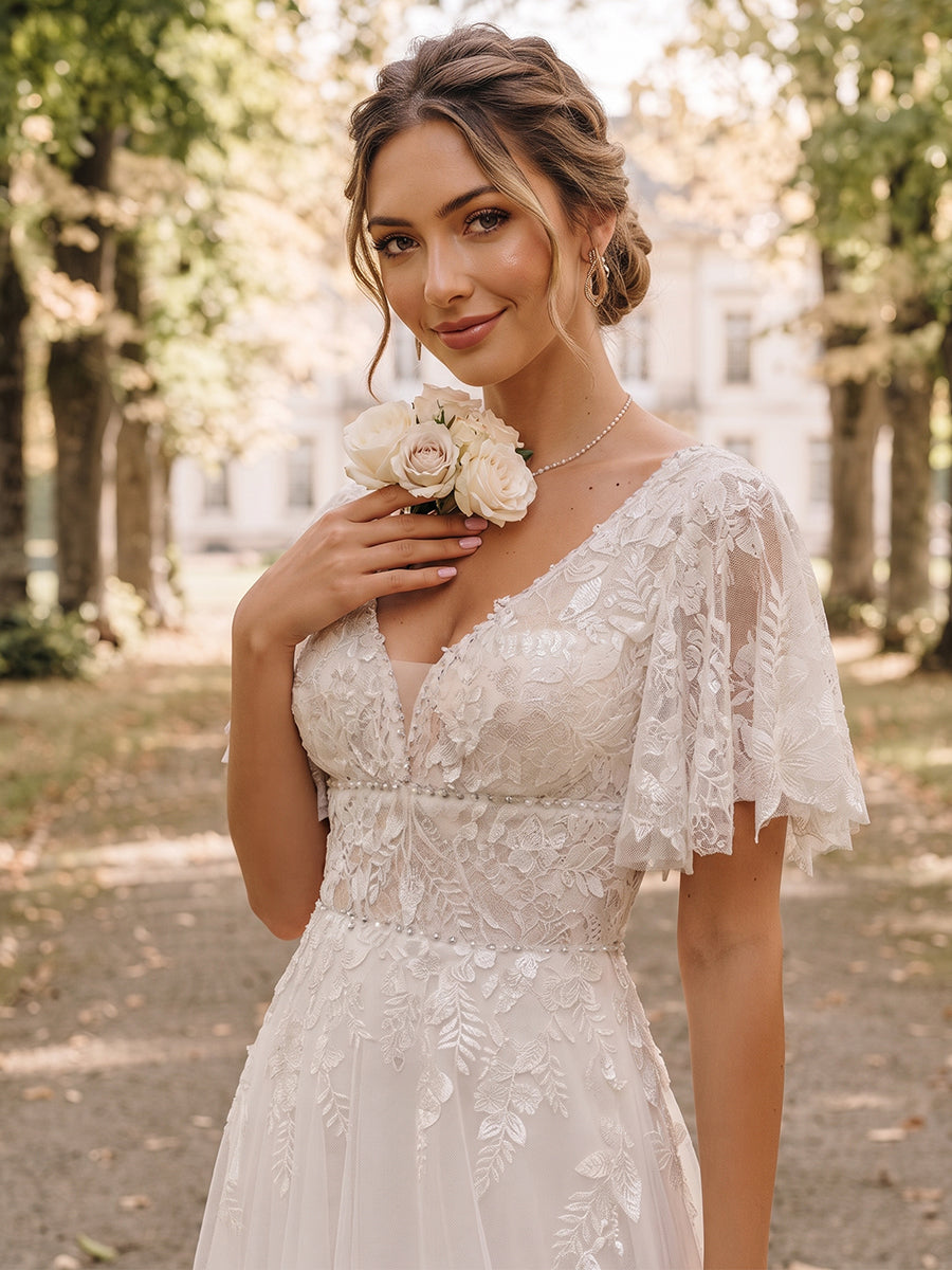 A-Line/Princess V-Neck Short Sleeves Tulle Floor-Length Wedding Dresses with Applique&Ruffles