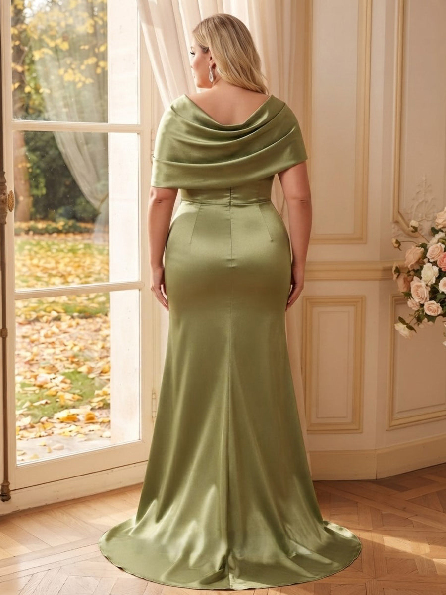 Trumpet/Mermaid Off-the-Shoulder Cap Sleeves Silk Satin Floor-Length Plus Size Bridesmaid Dresses with Ruched & Split Side