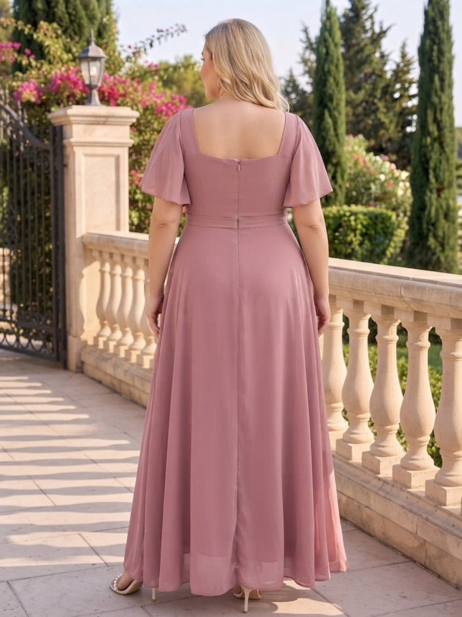 A-Line/Princess Cowl Neck Short Sleeves Chiffon Floor-Length Plus Size Bridesmaid Dresses with Pleats & Split Side