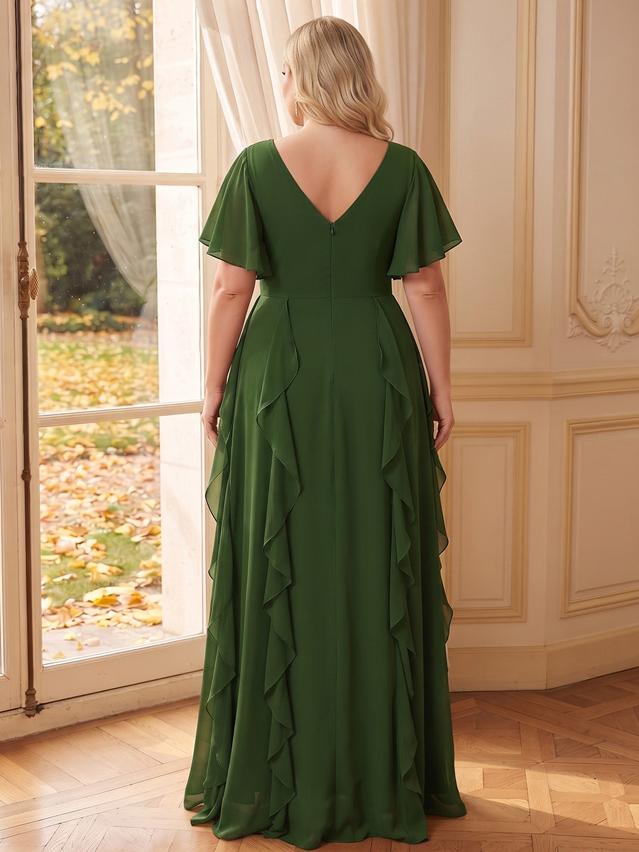 A-Line/Princess V-Neck Short Sleeves Chiffon Floor-Length Plus Size Bridesmaid Dresses with Pleats & Ruffles
