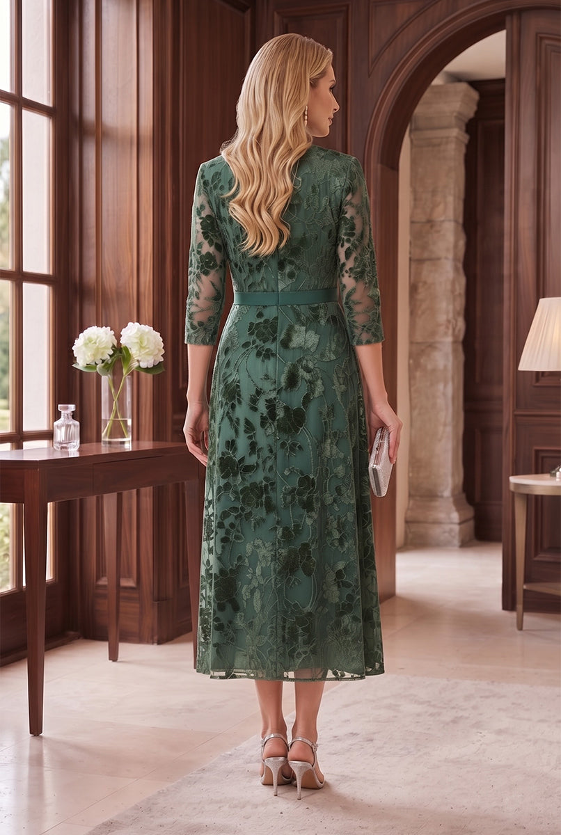 Sheath/Column V-Neck 3/4 Sleeves Velvet Ankle-Length Mother of the Bride Dresses with Jacket & Florals