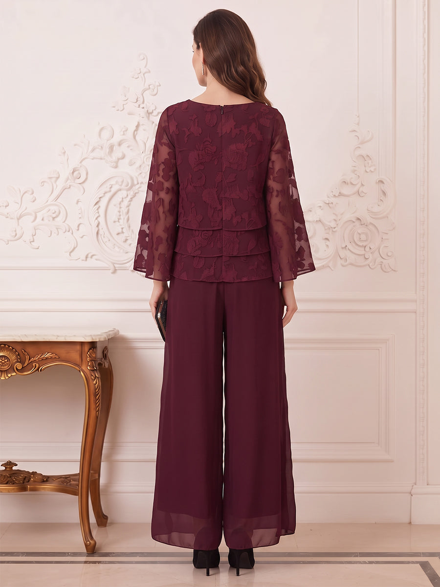 Jumpsuits Scoop 3/4 Sleeves Chiffon Floor-Length Mother of the Bride Dresses with Tiered&Florals