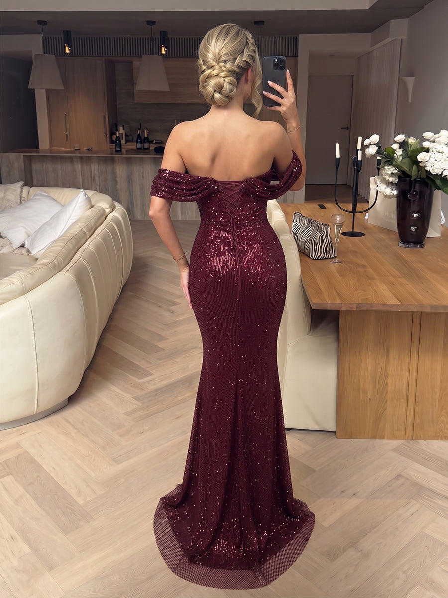 Trumpet/Mermaid Off-the-Shoulder Sleeveless Sequin Floor-Length Evening Dresses with Pleats