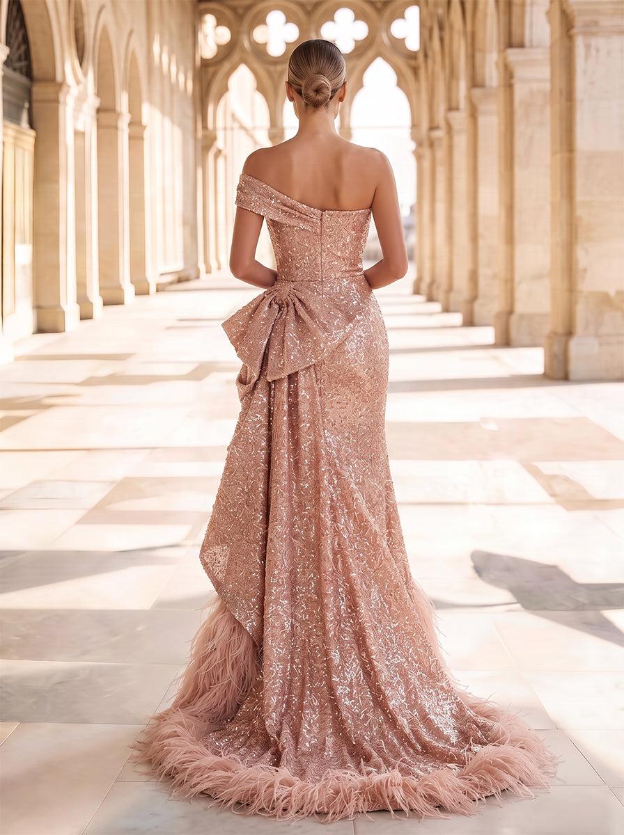 A-Line/Princess One-Shoulder Sleeveless Sequin Floor-Length Evening Dresses with Bowkont&Feather