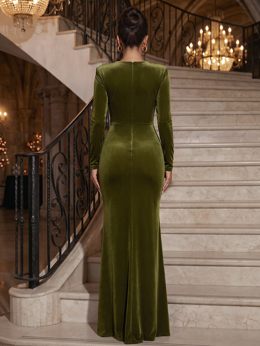 Sheath/Column V-Neck Long Sleeves Velvet Floor-Length Evening Dresses with Pleats&Sash