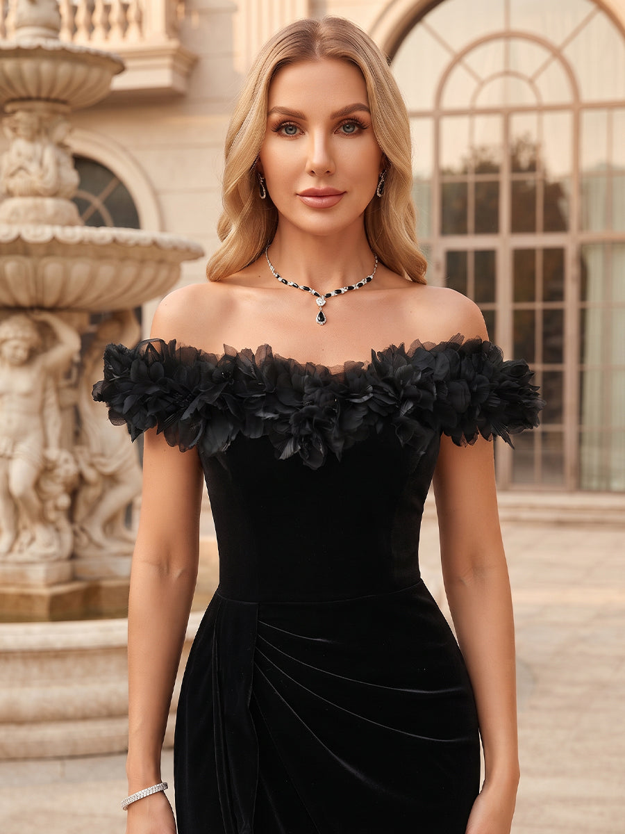 Sheath/Column Off-the-Shoulder Sleeveless Velvet Floor-Length Mother of the Bride Dresses with 3D Flower & Split Side