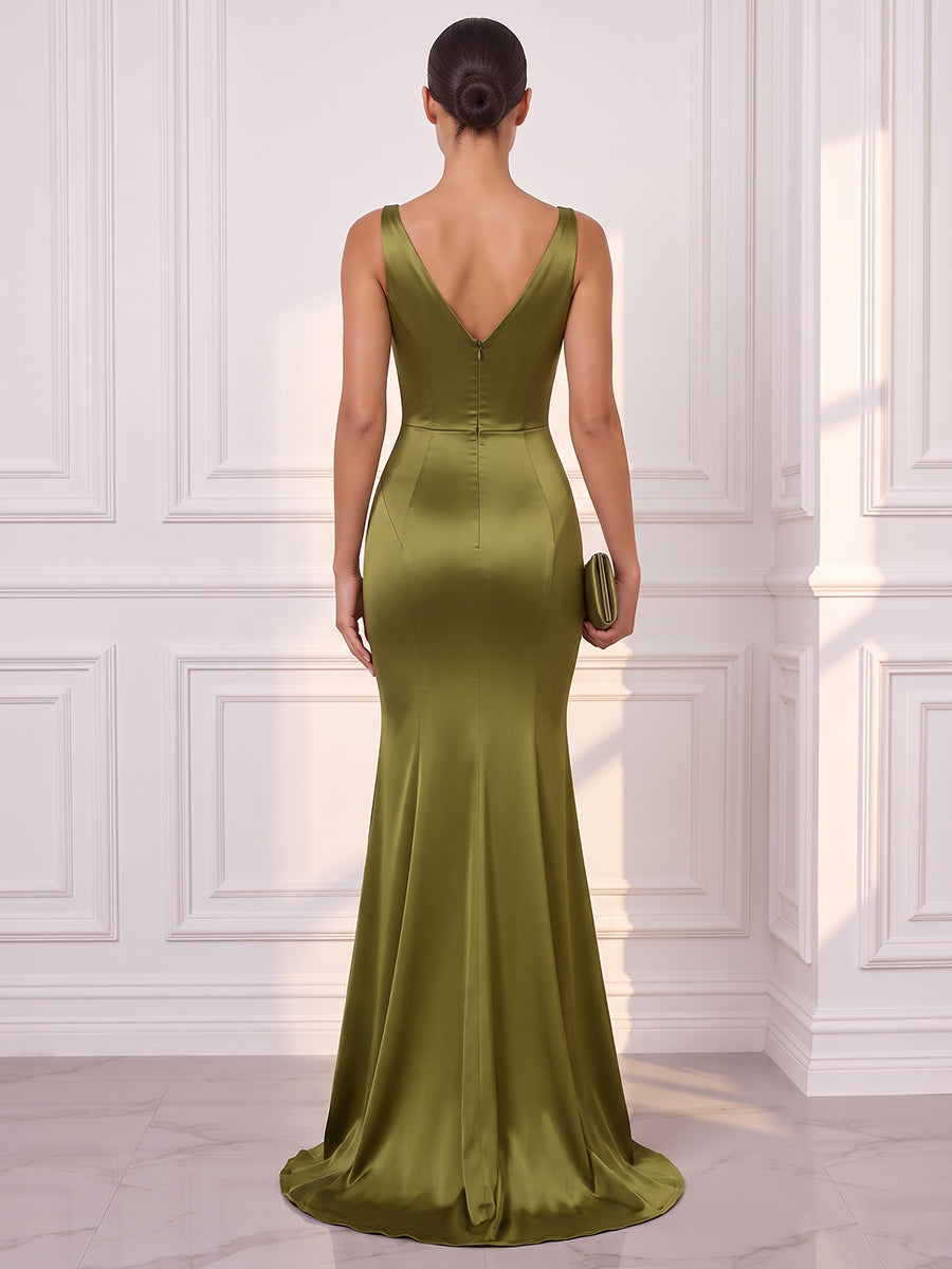 Trumpet/Mermaid V-Neck Sleeveless Silk Satin Floor-Length Evening Dresses with Pleats