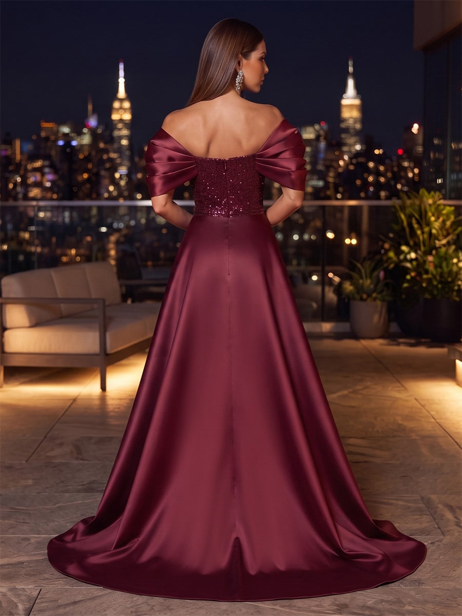 A-Line/Princess Off-the-Shoulder Sleeveless Satin Floor-Length Evening Dresses with Sequins&Pleats