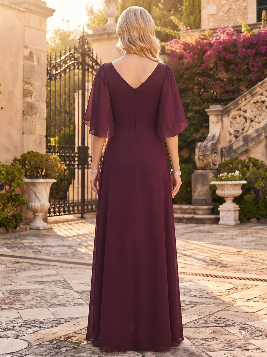 A-Line/Princess V-Neck Short Sleeves Chiffon Floor-Length Mother of the Bride Dresses with Applique&Ruffles