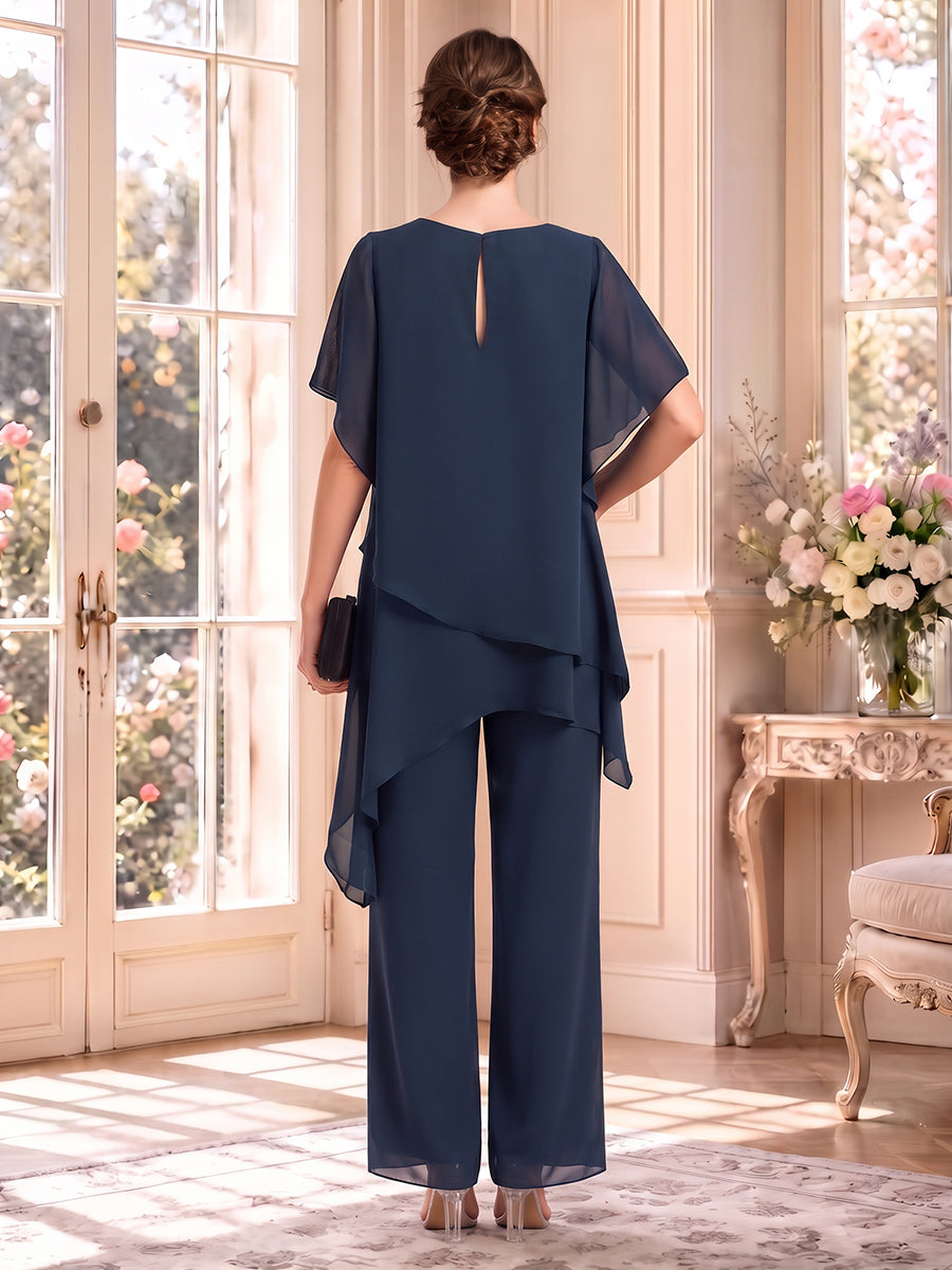 Pantsuits Scoop Short Sleeves Chiffon Floor-Length Mother of the Bride Dresses with Ruffles
