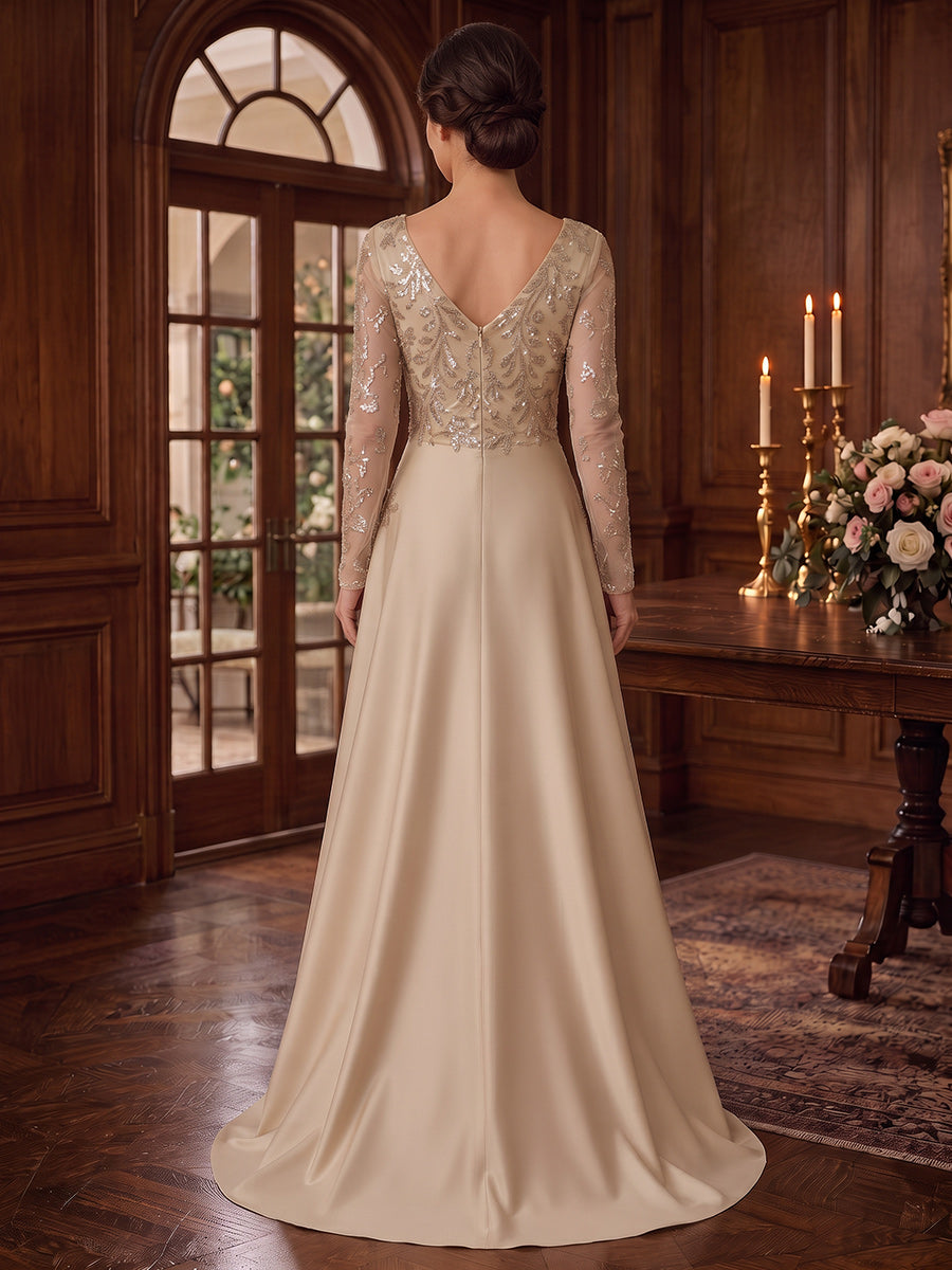 A-Line/Princess Scoop Long Sleeves Satin Sequin Floor-Length Mother of the Bride Dresses with Applique