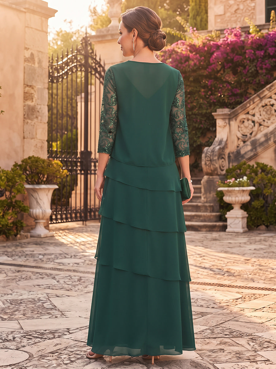 Sheath/Column 2 Pieces Scoop 3/4 Sleeves Chiffon Sequin Floor-Length Mother of the Bride Dresses with Applique&Jacket