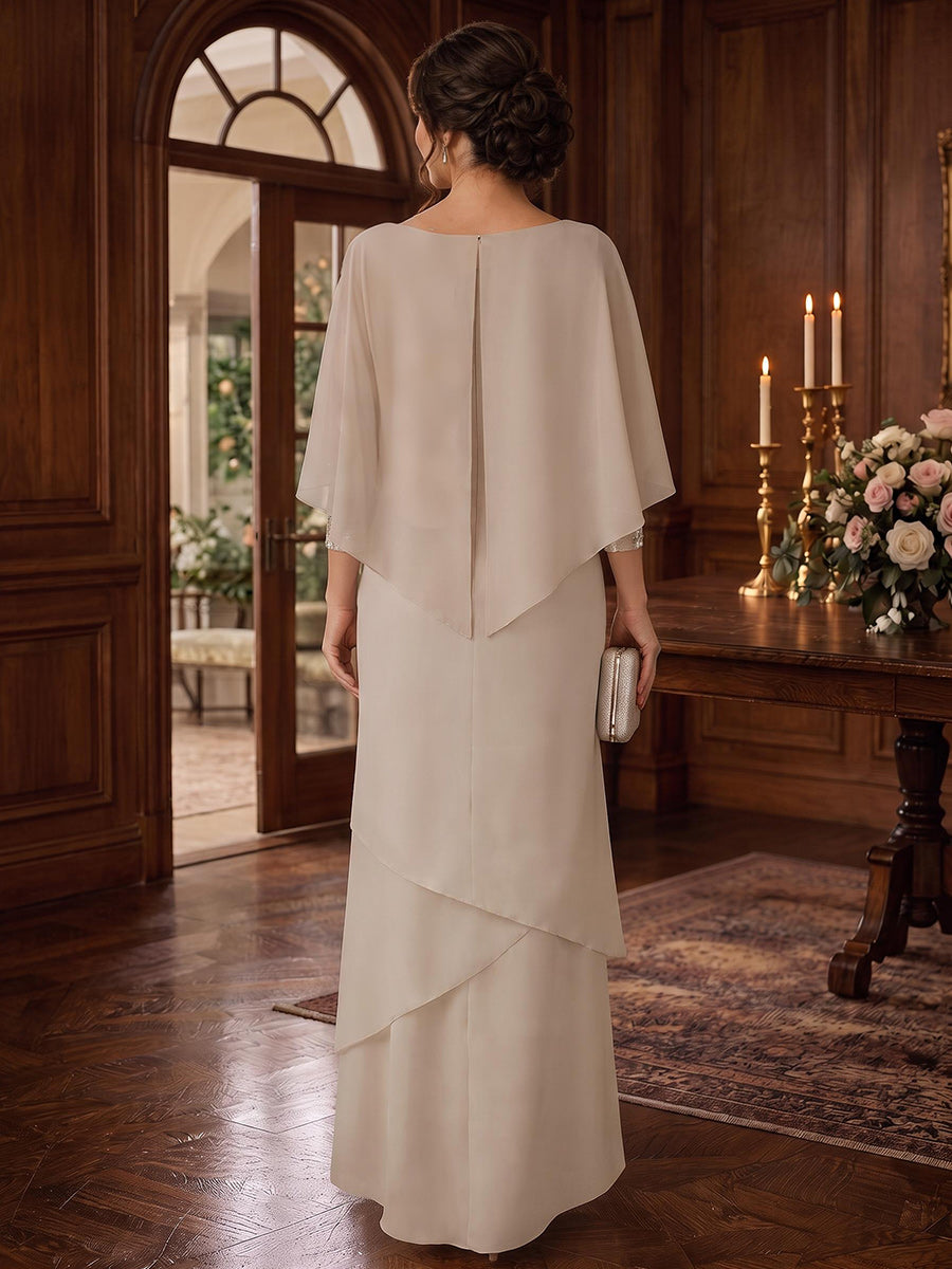 Sheath/Column Scoop Cap Sleeves Chiffon Asymmetrical Mother of the Bride Dresses with Applique&Ruffles