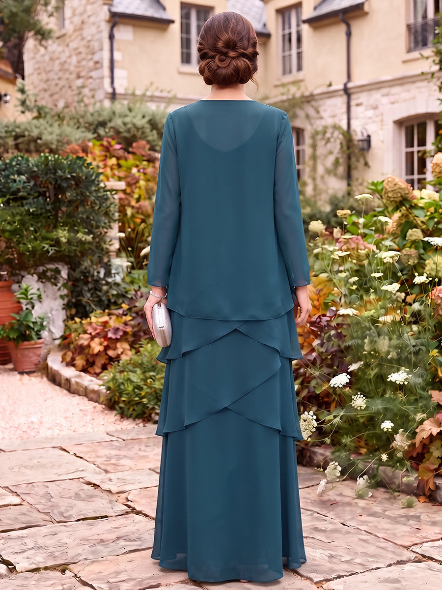 Sheath/Column 2 Pieces Scoop Long Sleeves Chiffon Floor-Length Mother of the Bride Dresses with Applique&Ruffles