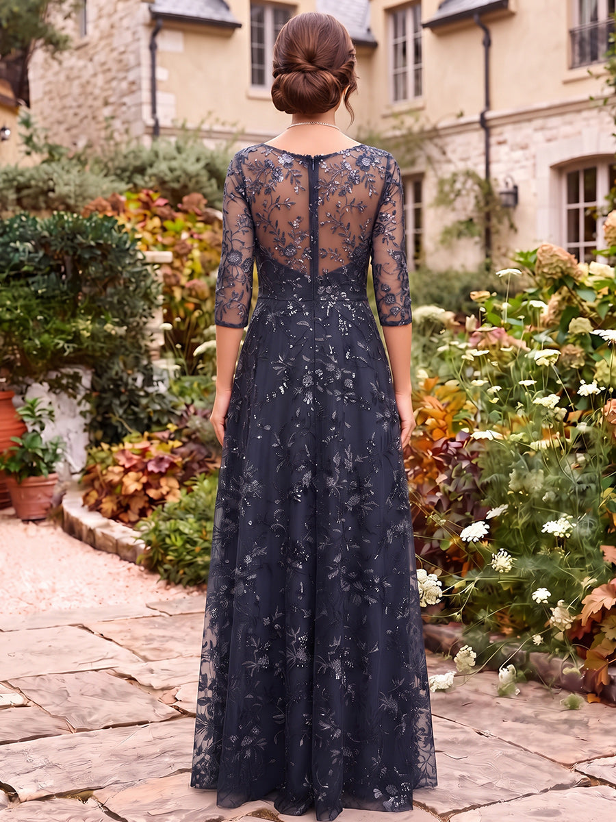 A-Line/Princess V-Neck 3/4 Sleeves Lace Floor-Length Mother of the Bride Dresses with Appliques&Pleats