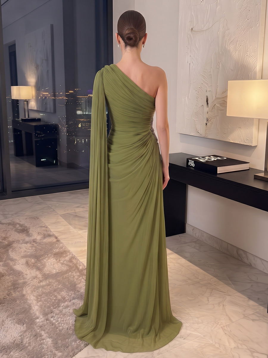 Sheath/Column One-Shoulder Cap Sleeves Chiffon Floor-Length Evening Dresses with Sequins&Pleats
