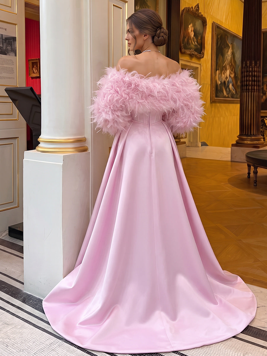 A-Line/Princess Strapless Cap Sleeves Satin Floor-Length Evening Dresses with Feather&Corset