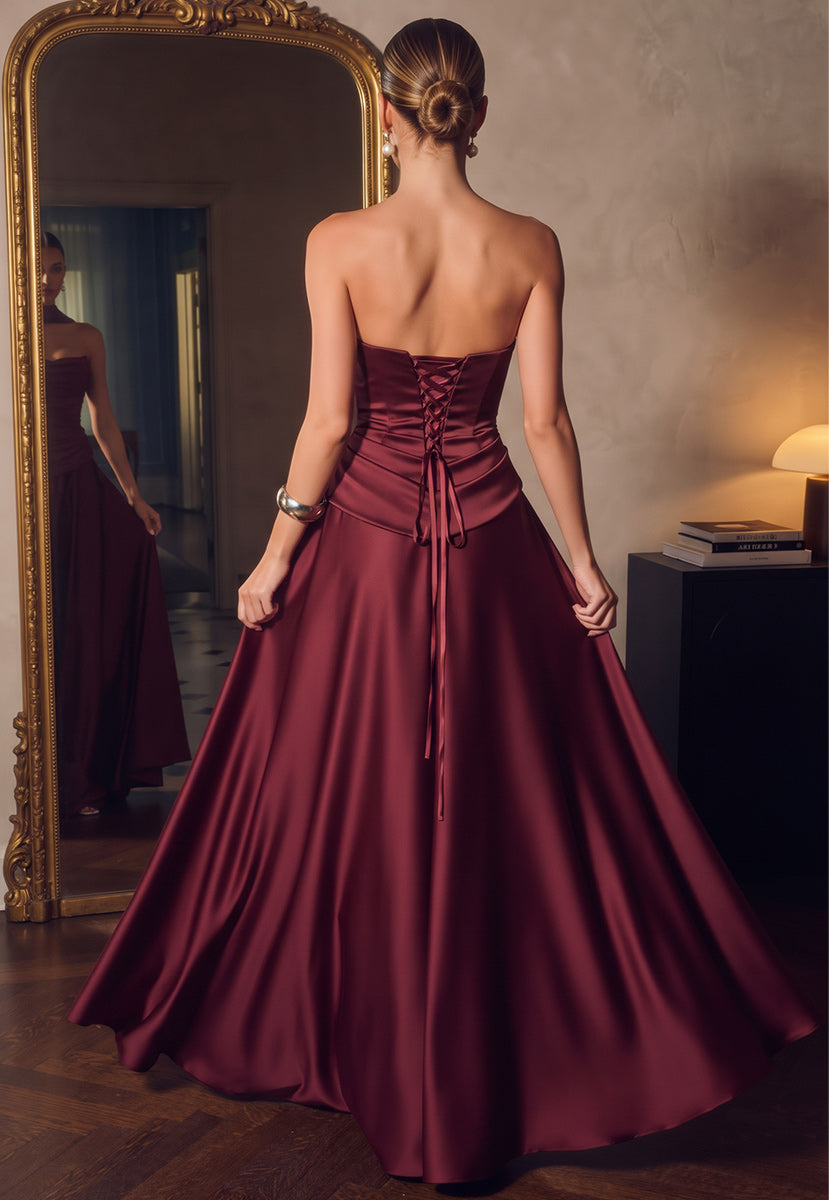 A-Line/Princess Strapless Sleeveless Silk Satin Floor-Length Evening Dresses with Pleats&Corset