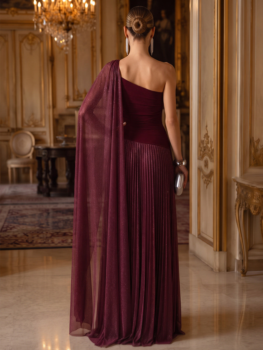 A-Line/Princess One-Shoulder Cap Sleeves Chiffon Floor-Length Evening Dresses with Pleats&Sash