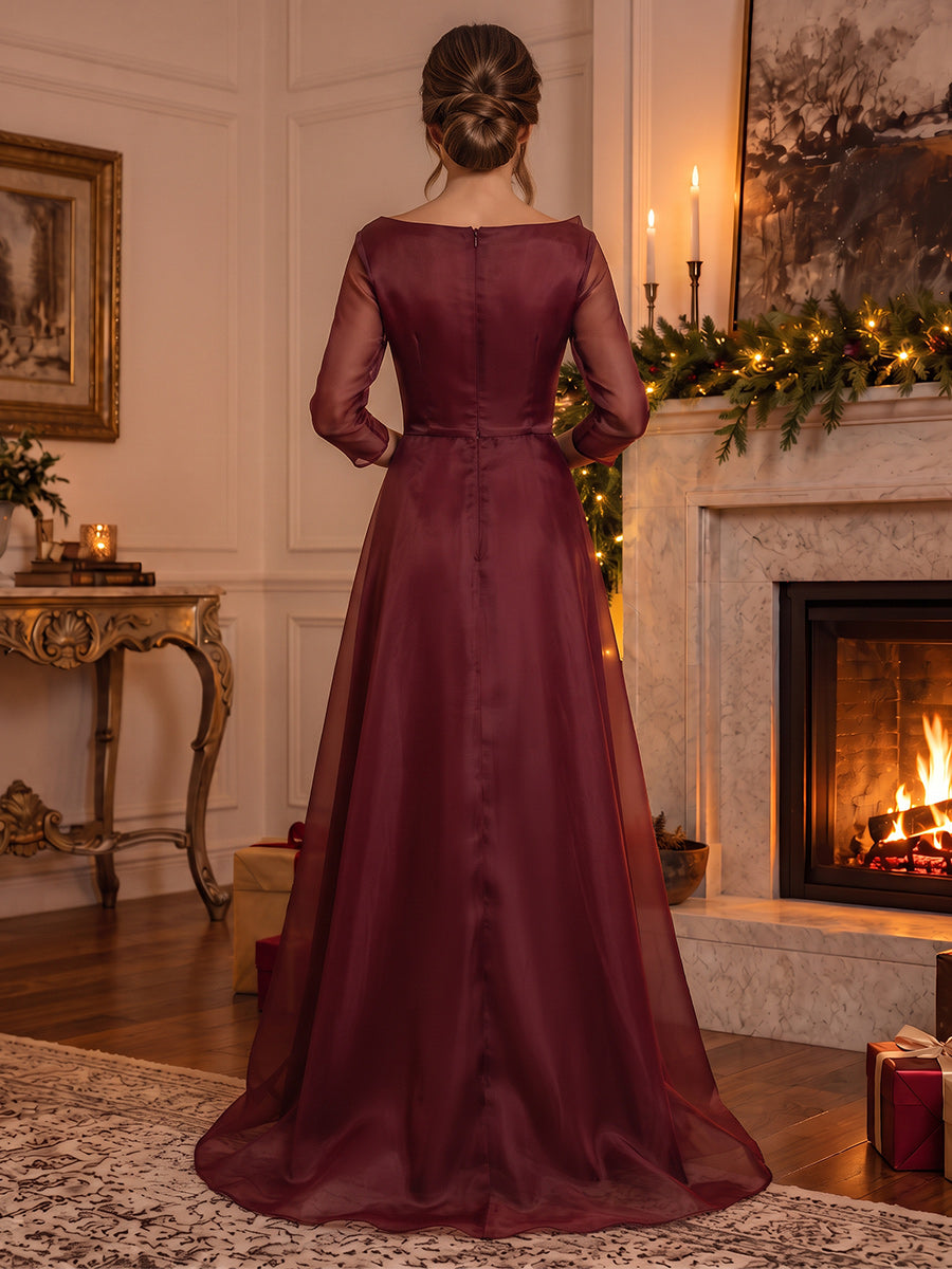 A-Line/Princess Scoop 3/4 Sleeves Organza Floor-Length Evening Dresses with Pleats