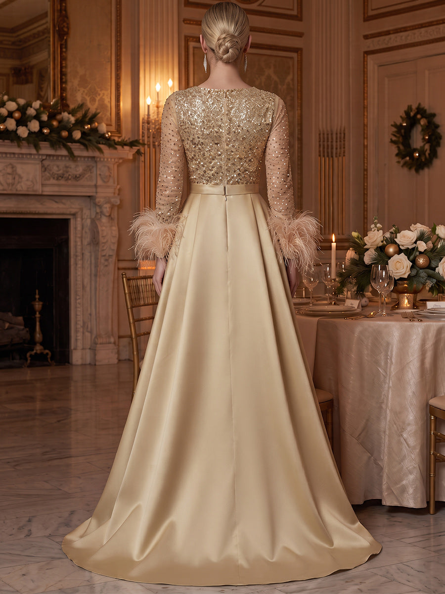 A-Line/Princess V-Neck Long Sleeves Sequin Satin Floor-Length Evening Dresses with Feathers&Belt