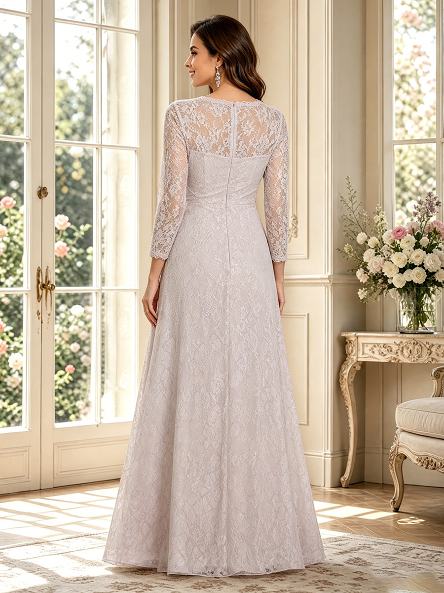 A-Line/Princess V-Neck Long Sleeves Floor-Length Mother of the Bride Dresses with Ruched & Lace