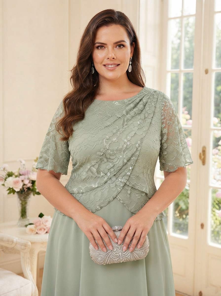 A-Line/Princess Scoop Half Sleeves Tea-Length Plus Size Mother of the Bride Dresses with Lace & Ruffles