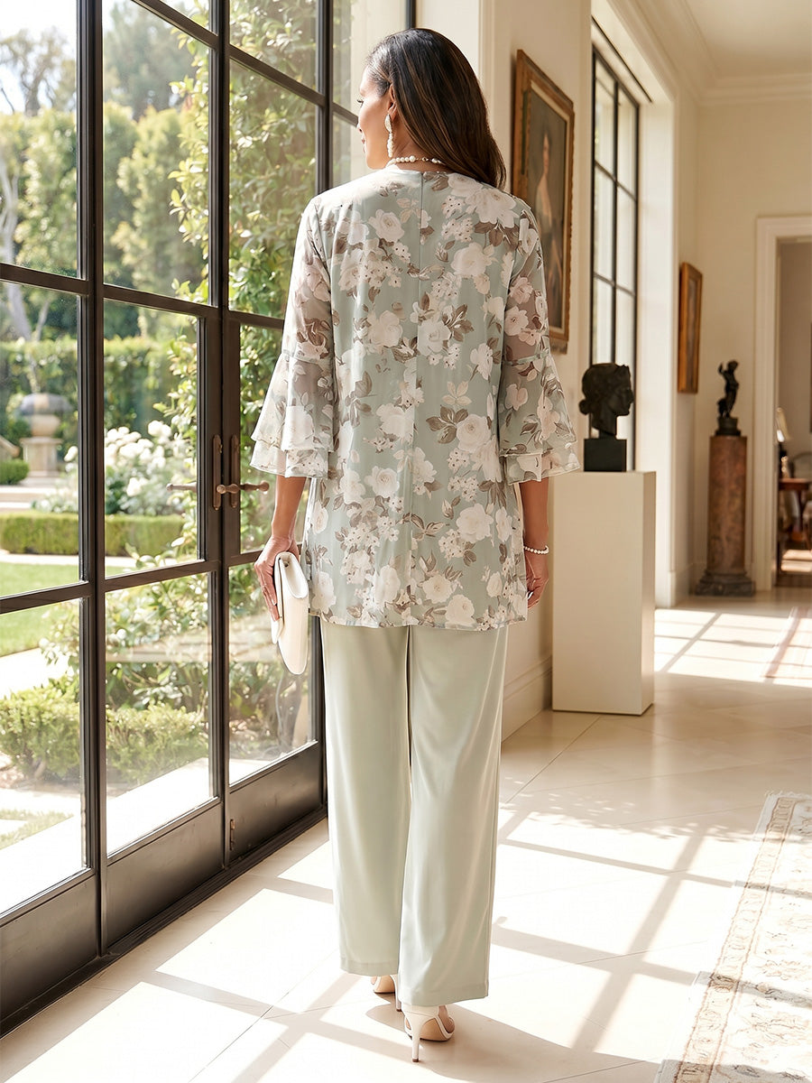 Jumpsuits Scoop 3/4 Sleeves Floor-Length 3 Pieces Mother of the Bride Dresses with Jacket & Floral