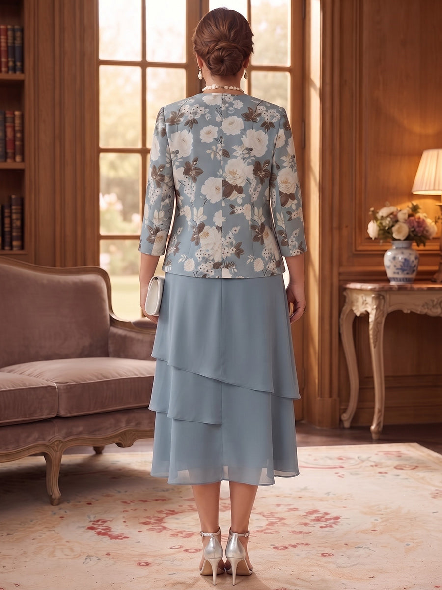 A-Line/Princess Scoop 3/4 Sleeves Chiffon Tea-Length Plus Size Mother of the Bride Dresses with Jacket & Ruffles