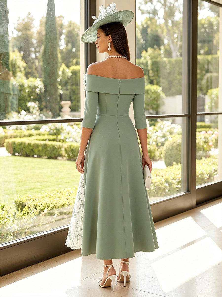 A-Line/Princess Off-the-Shoulder 3/4 Sleeves Ankle-Length Mother of the Bride Dresses with 3D Floral & Pleats