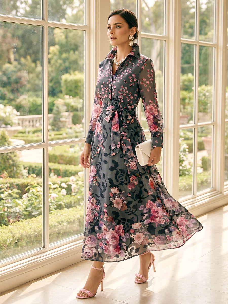A-Line/Princess Long Sleeves Shirt Collar Tea-Length Mother of the Bride Dresses with Bowknot & Floral