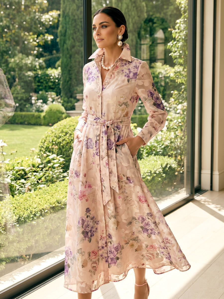 A-Line/Princess Shirt Collar Long Sleeves Tea-Length Mother of the Bride Dresses with Bowknot & Floral
