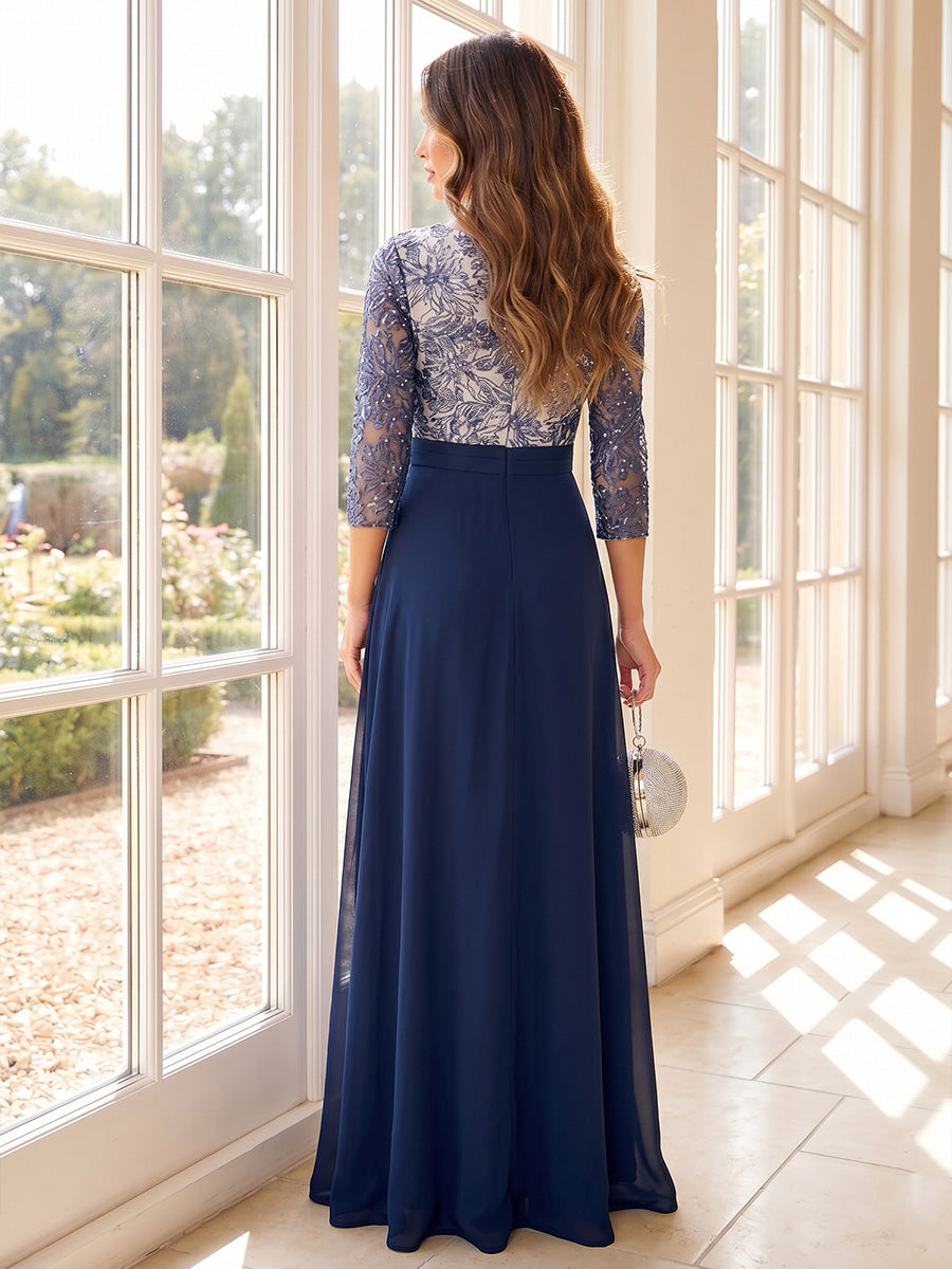 A-Line/Princess Scoop 3/4 Sleeves Floor-Length Mother of the Bride Dresses with Appliques & Rhinestone