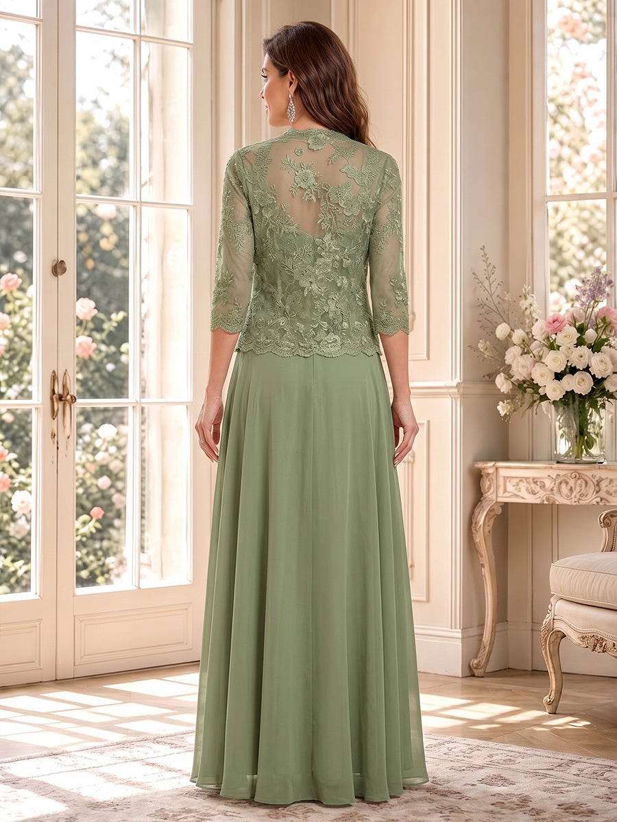 A-Line/Princess V-Neck 3/4 Sleeves Floor-Length Mother of the Bride Dresses with Jacket & Applique