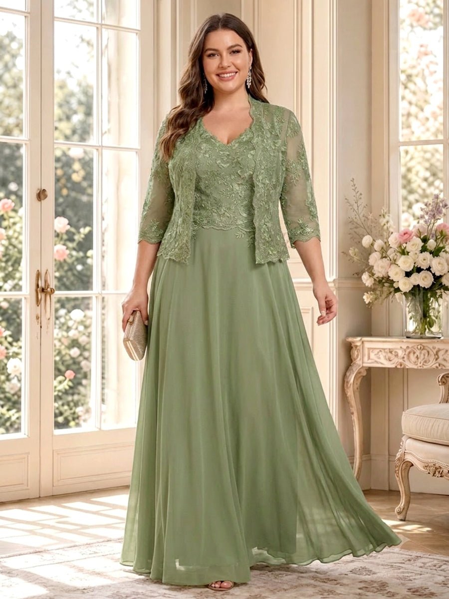 A-Line/Princess V-Neck 3/4 Sleeves Floor-Length Plus Size Mother of the Bride Dresses with Jacket & Applique