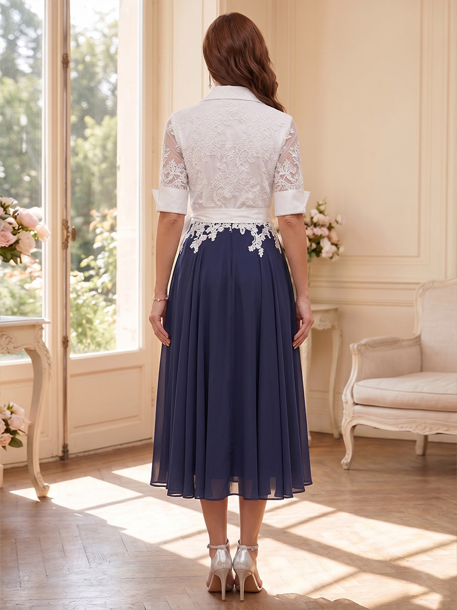 A-Line/Princess Shirt Collar Half Sleeves Tea-Length Mother of the Bride Dresses with Bowknot & Applique