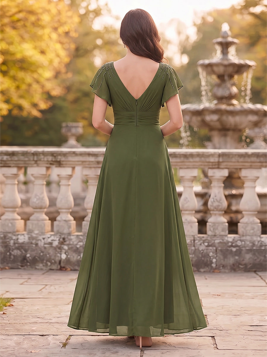 A-Line/Princess V-Neck Short Sleeves Ankle-Length Mother of the Bride Dresses with Ruffles & Split Side